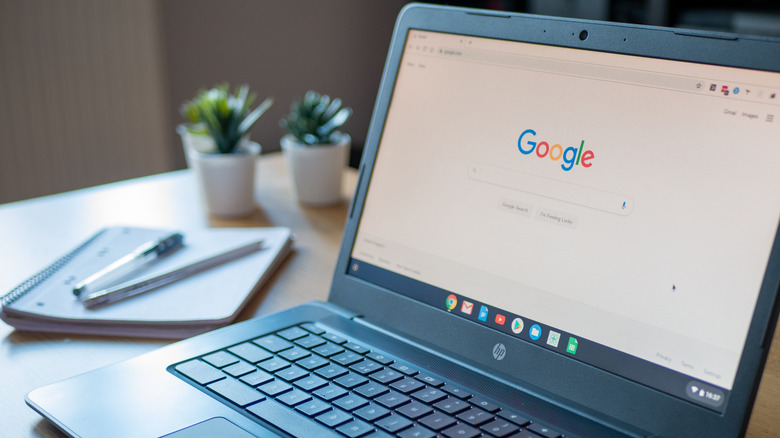 ChromeOS running on an HP laptop sitting on a desk.